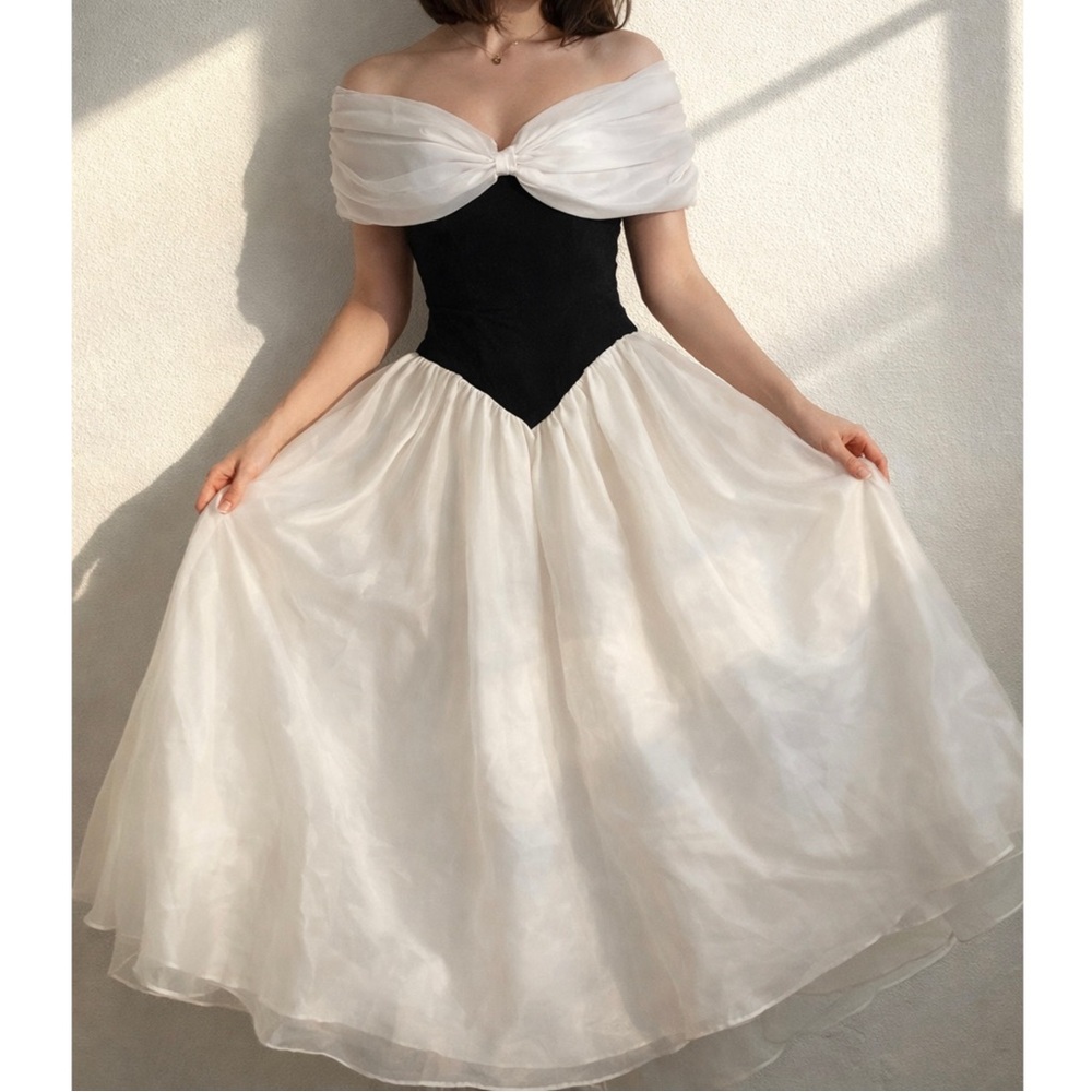 Vintage Elegant Black and White Off-Shoulder Dress 1980s 1950s style cream